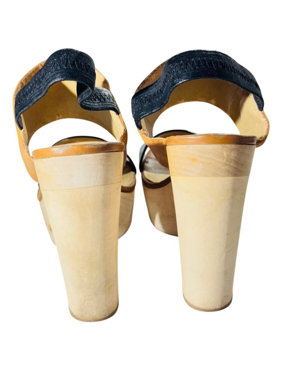 LEVITY Leather & Patent Platform Sandals With Elastic Strap & Wooden Block Heels - Picture 4 of 11
